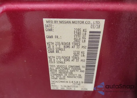 2018 Nissan Murano Sv z USA, uszkodzony, nr VIN 5N1AZ2MH0JN145819